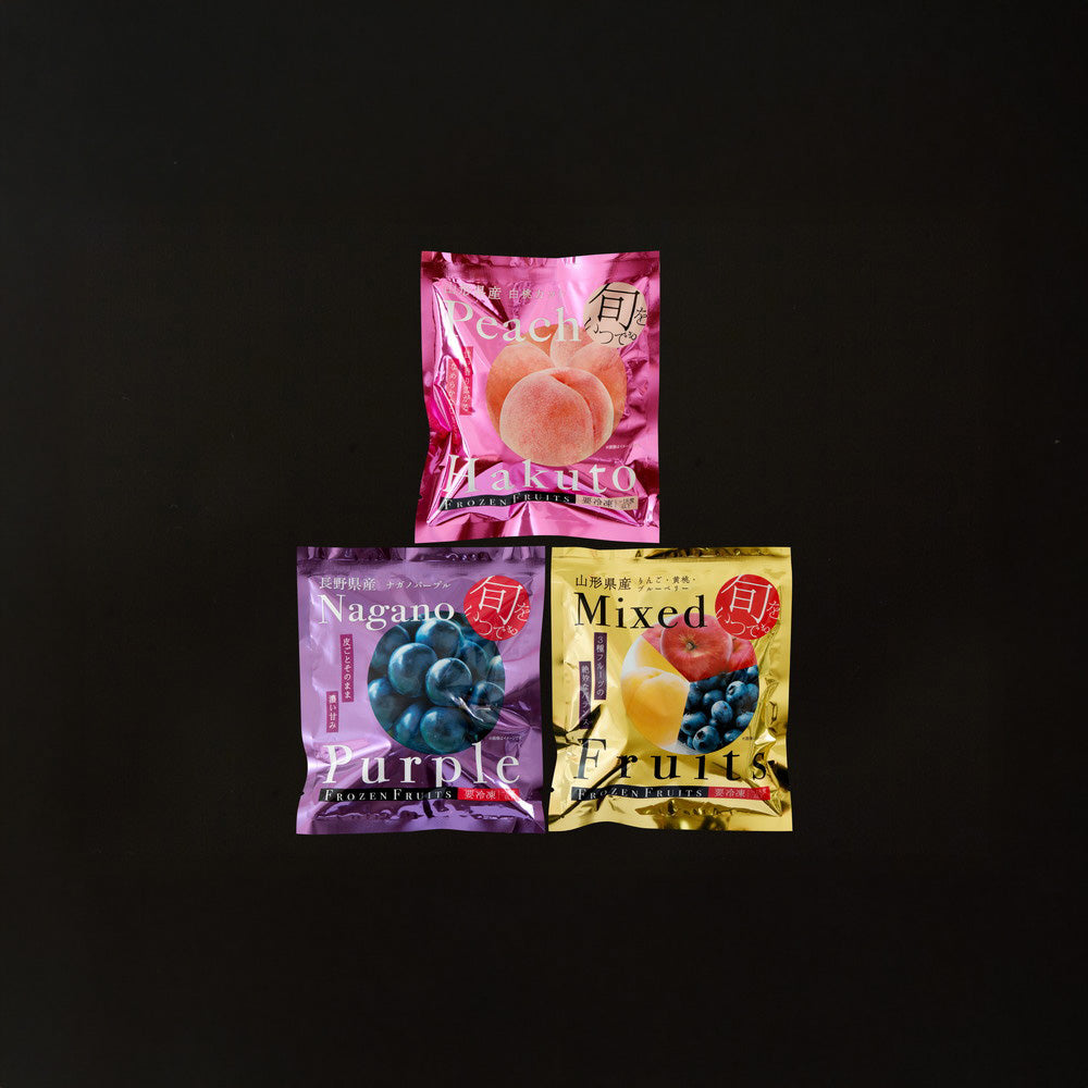 「凍眠フルーツ」 3種食べ比べ(ナガノパープル、白桃、ミックスフルーツ)