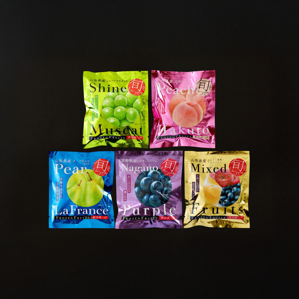 「凍眠フルーツ」 5種食べ比べ(シャインマスカット、白桃、ラ・フランス、ナガノパープル、ミックスフルーツ)