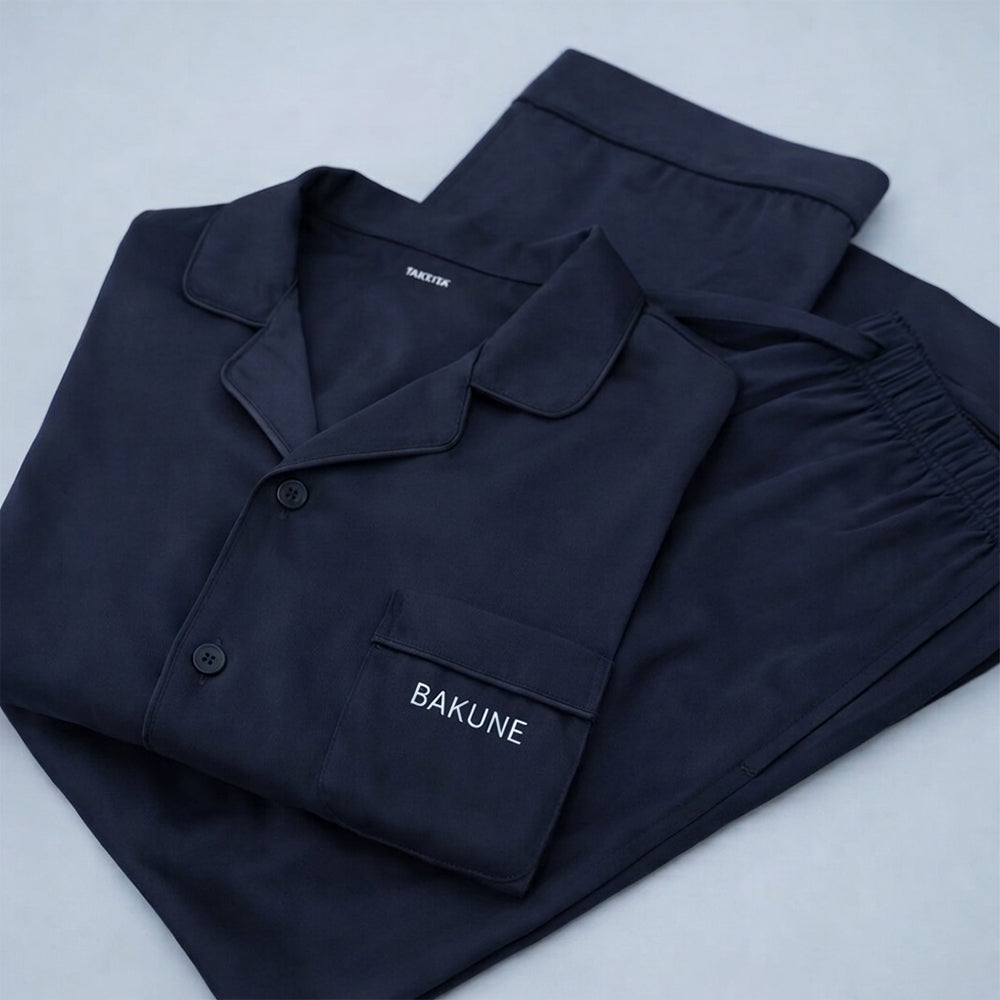 【母の日カード】 リカバリーウェア BAKUNE パジャマサテン上下(Unisex) ネイビーL