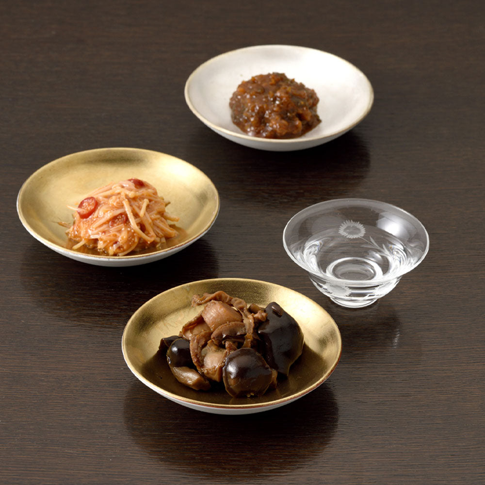 「下鴨茶寮」のまえ山海の幸3種(丹波しめじと帆立・明太子なめ茸・青唐味噌)